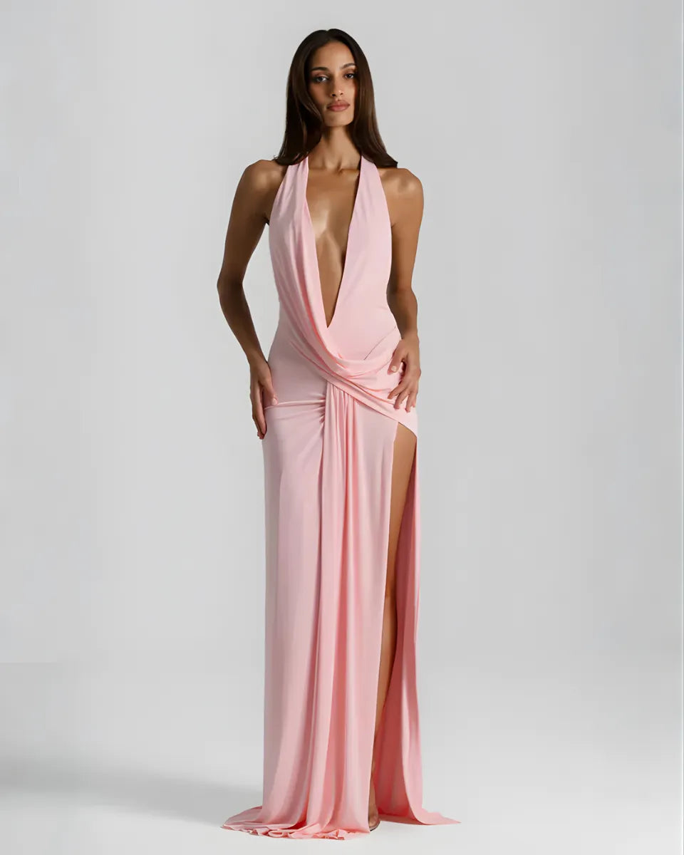 Women's V-Neck Flowy Back Maxi Wedding Guest Dress with Slit