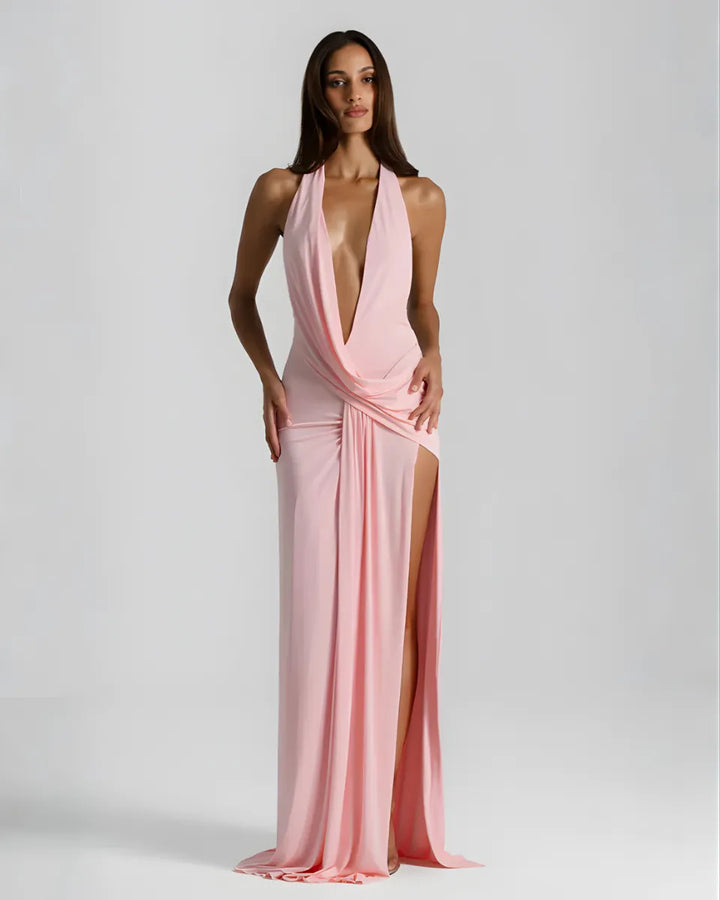 Women's V-Neck Flowy Back Maxi Wedding Guest Dress with Slit