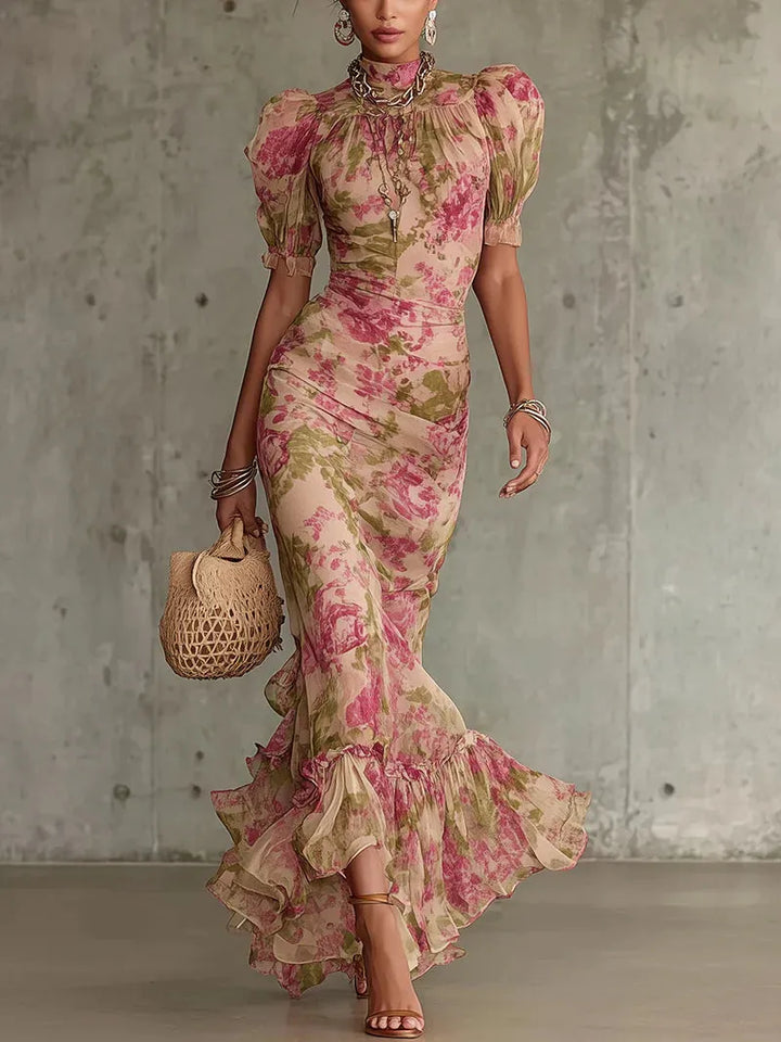 Women's Vintage Floral Maxi Wedding Guest Dress with High Neck