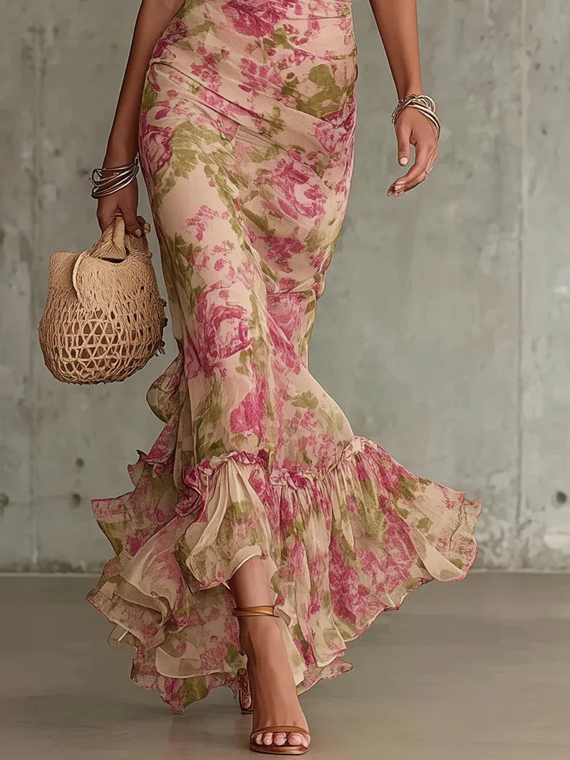 Women's Vintage Floral Maxi Wedding Guest Dress with High Neck