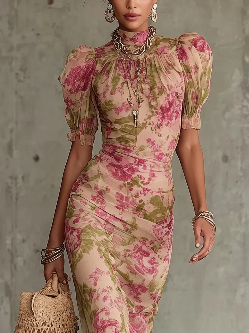 Women's Vintage Floral Maxi Wedding Guest Dress with High Neck