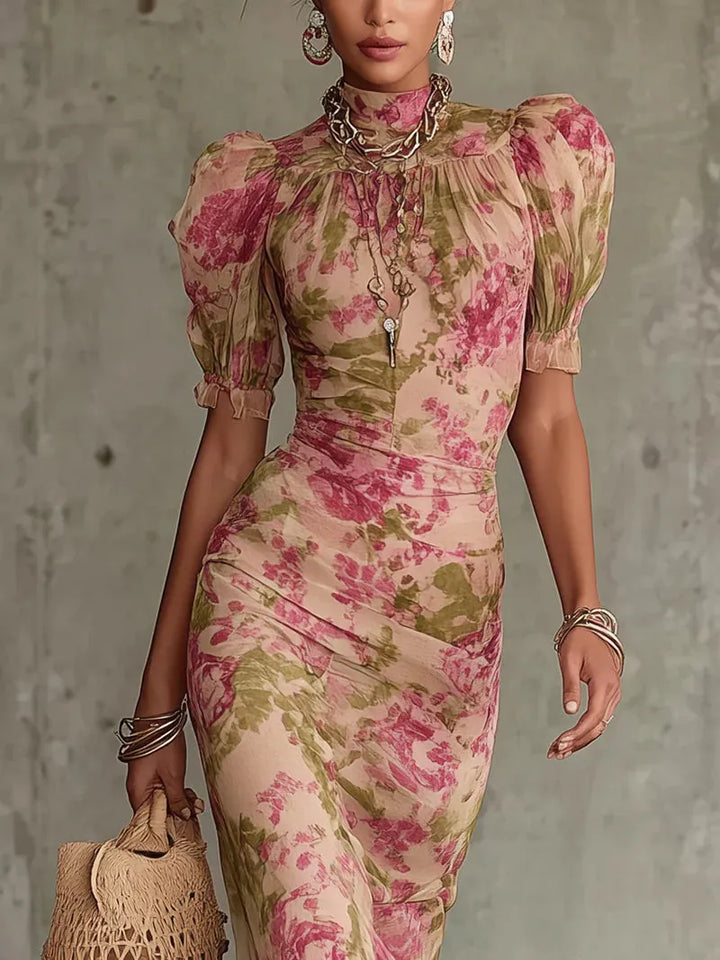 Women's Vintage Floral Maxi Wedding Guest Dress with High Neck