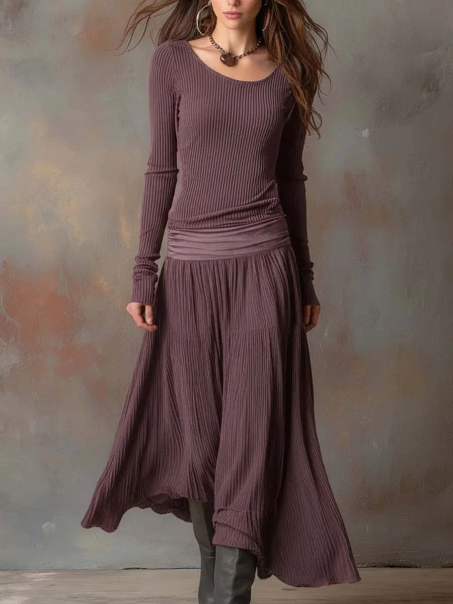 Women's Vintage Long Sleeve Maxi Wedding Guest Dress with Pleated Detail