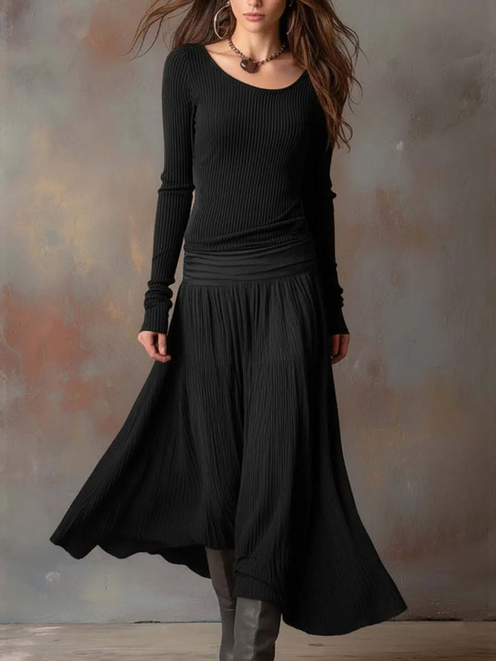 Women's Vintage Long Sleeve Maxi Wedding Guest Dress with Pleated Detail