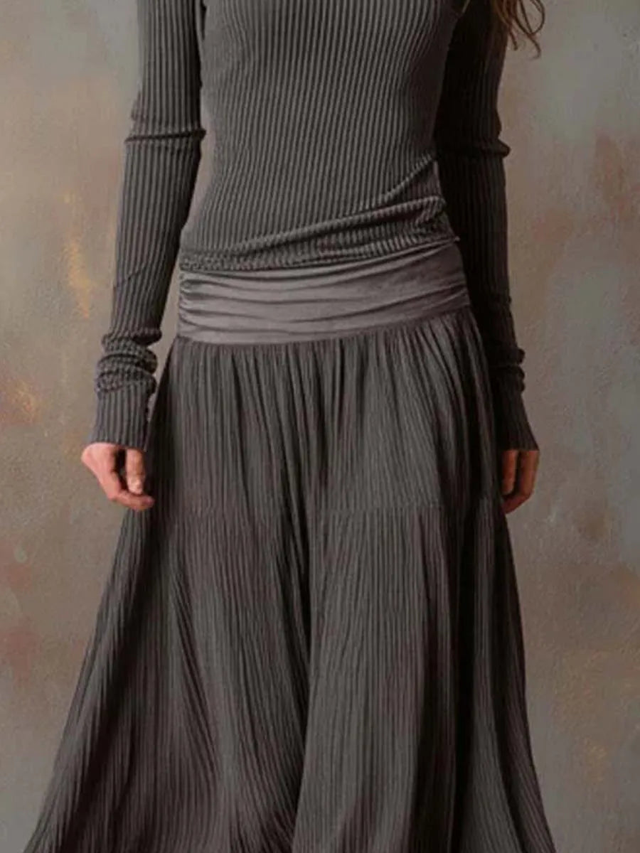 Women's Vintage Long Sleeve Maxi Wedding Guest Dress with Pleated Detail