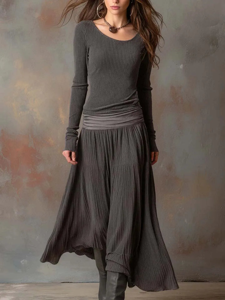 Women's Vintage Long Sleeve Maxi Wedding Guest Dress with Pleated Detail