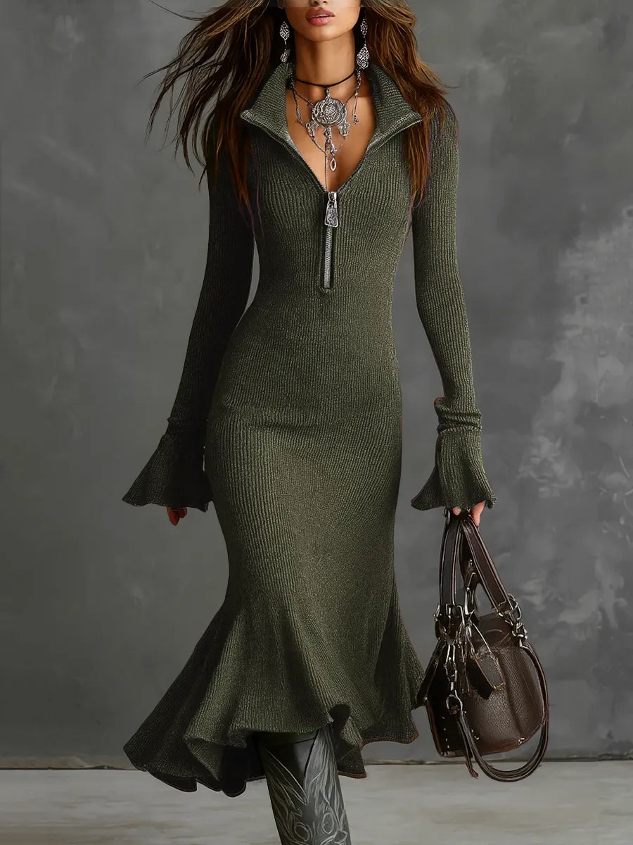 Women's Vintage Long Sleeve Maxi Wedding Guest Dress with Bell Sleeve