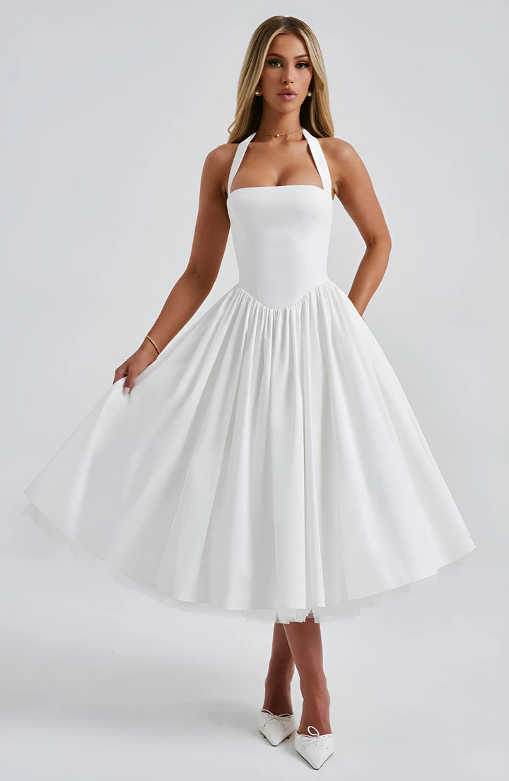 Women's Elegant A-Line Midi Cocktail Dress with Open Back