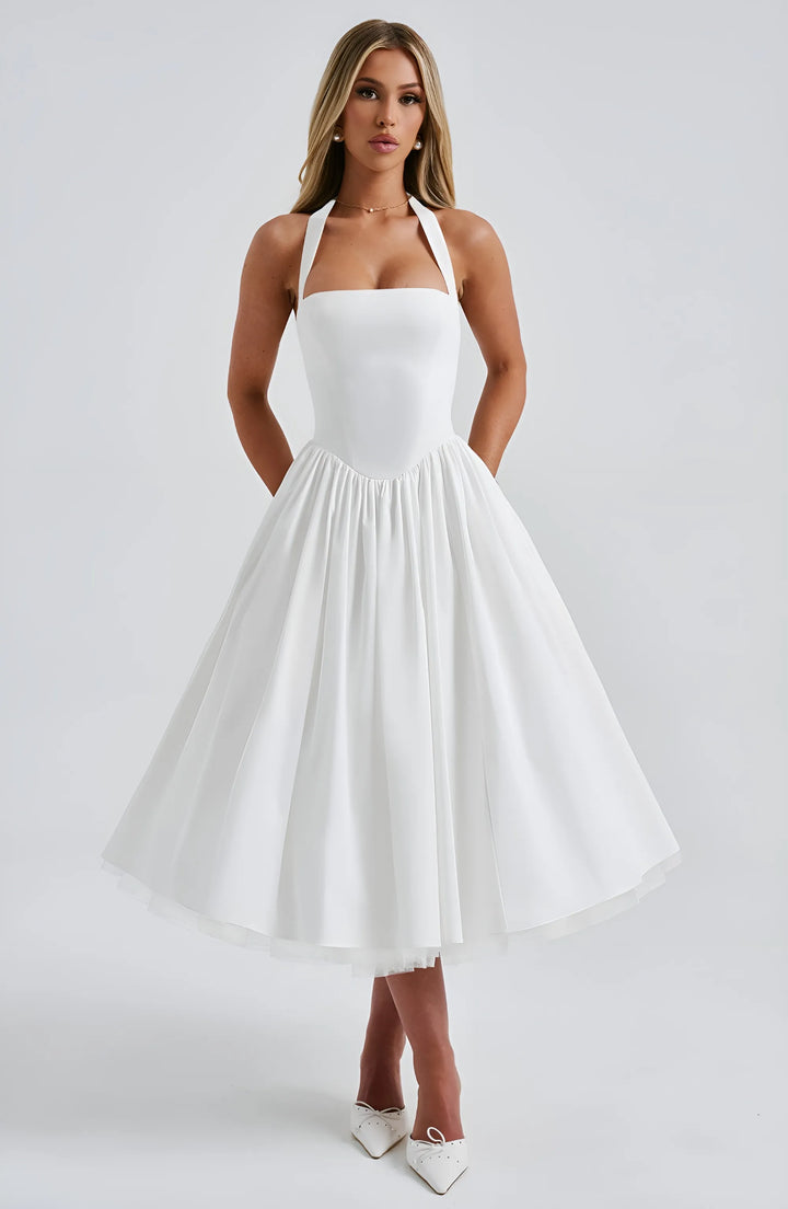 Women's Elegant A-Line Midi Cocktail Dress with Open Back