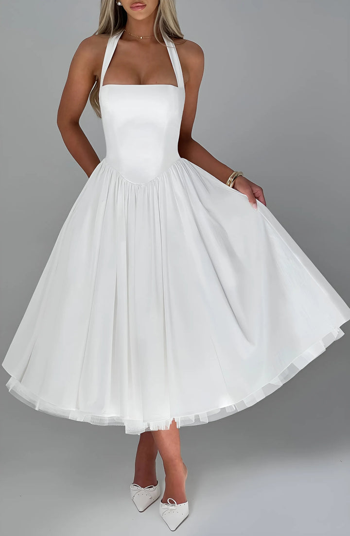 Women's Elegant A-Line Midi Cocktail Dress with Open Back