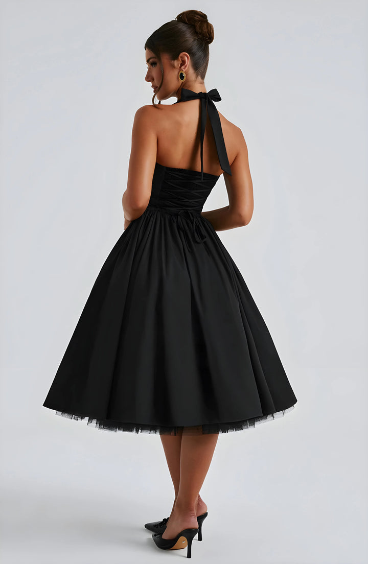 Women's Elegant A-Line Midi Cocktail Dress with Open Back