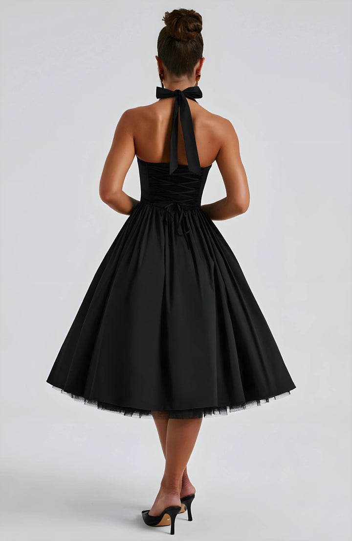Women's Elegant A-Line Midi Cocktail Dress with Open Back
