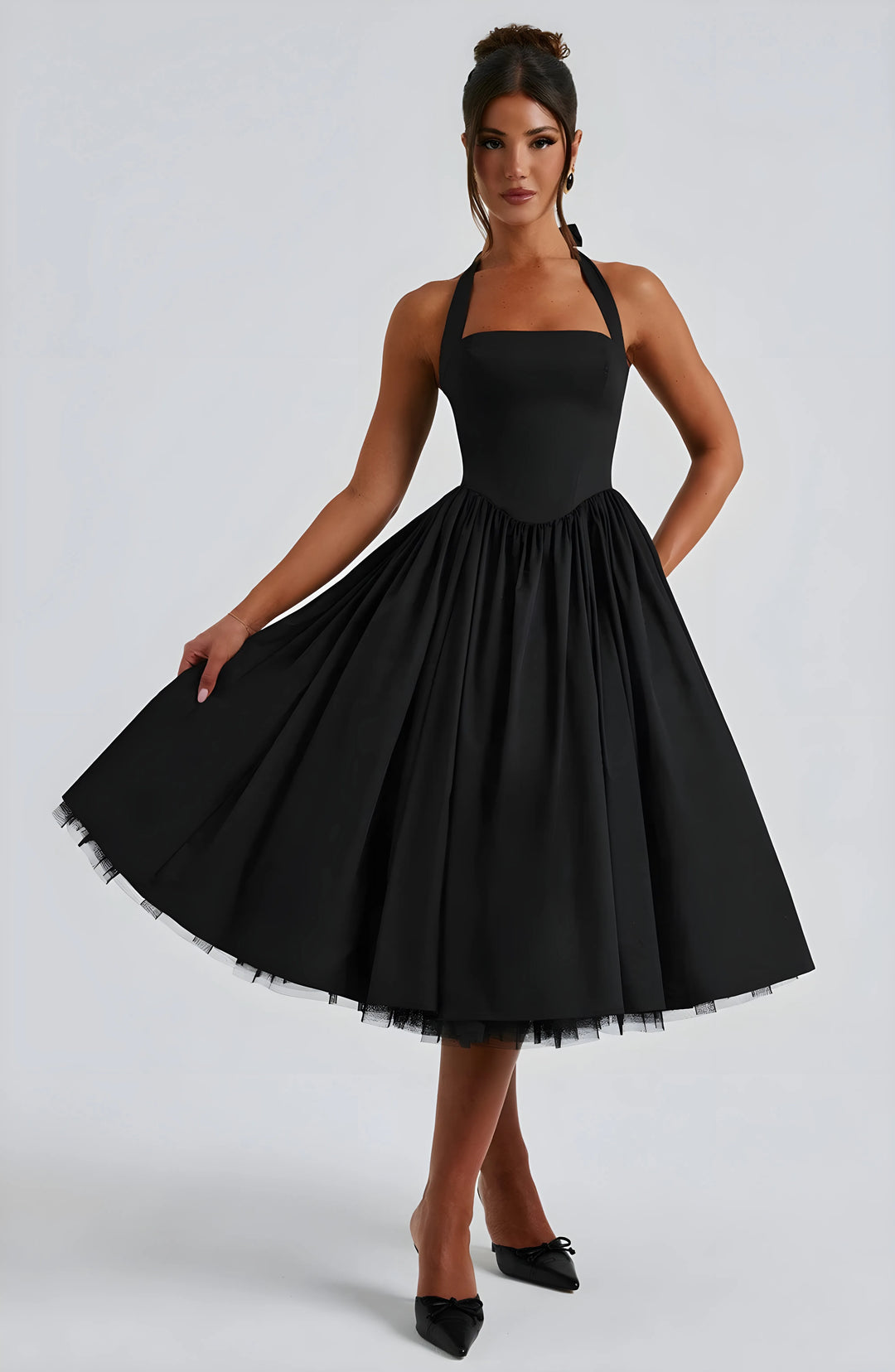 Women's Elegant A-Line Midi Cocktail Dress with Open Back
