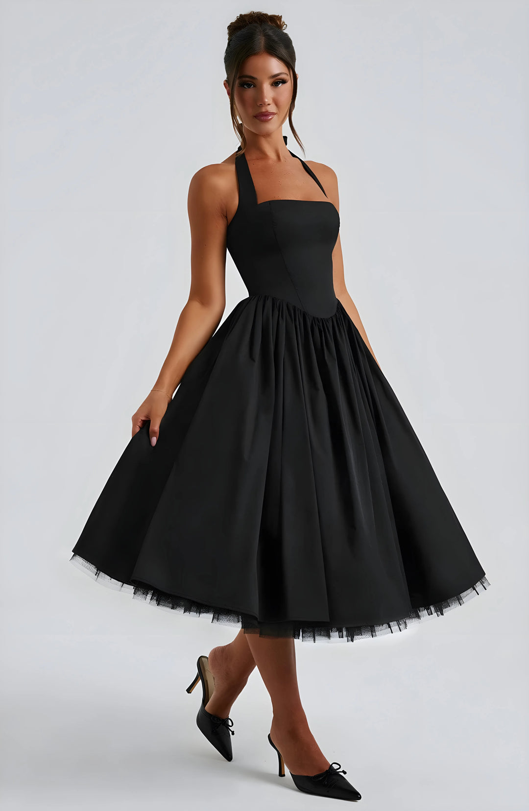 Women's Elegant A-Line Midi Cocktail Dress with Open Back