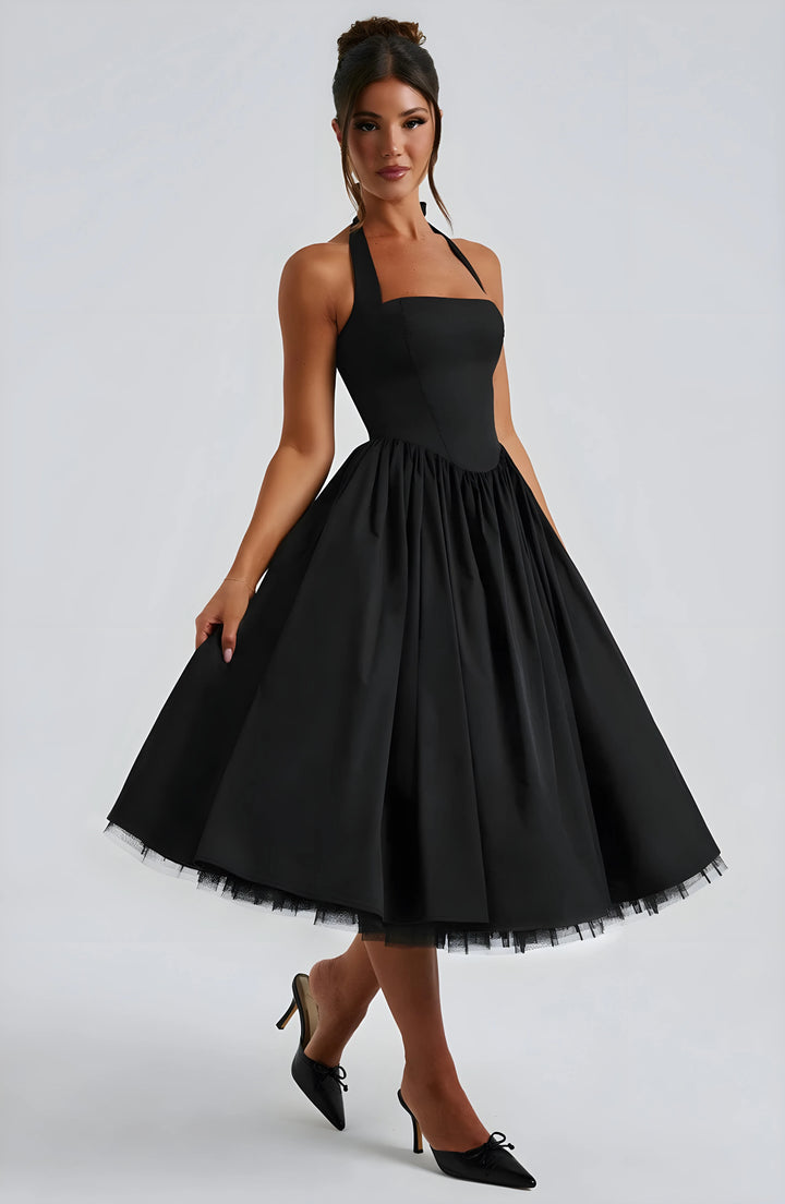 Women's Elegant A-Line Midi Cocktail Dress with Open Back