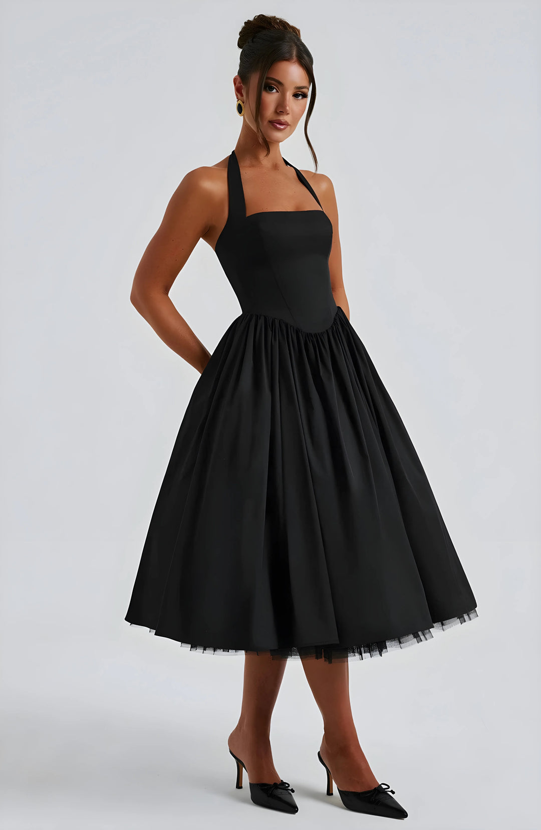 Women's Elegant A-Line Midi Cocktail Dress with Open Back