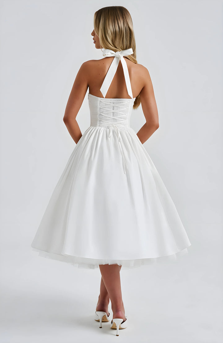 Women's Elegant A-Line Midi Cocktail Dress with Open Back