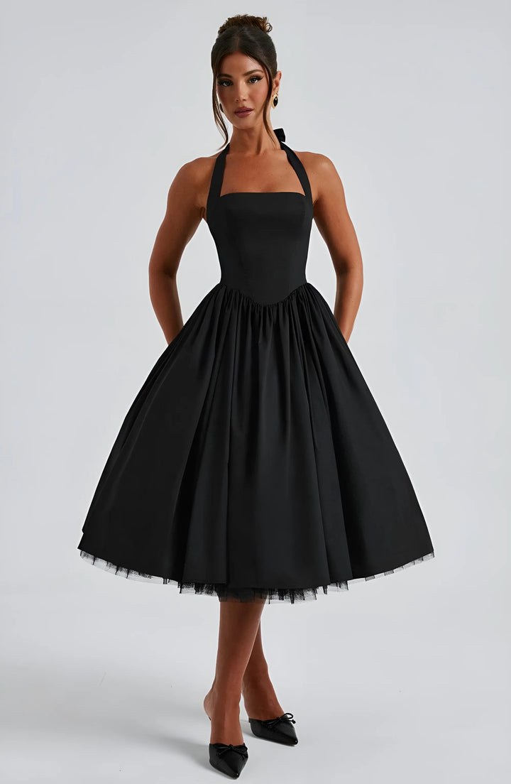 Women's Elegant A-Line Midi Cocktail Dress with Open Back
