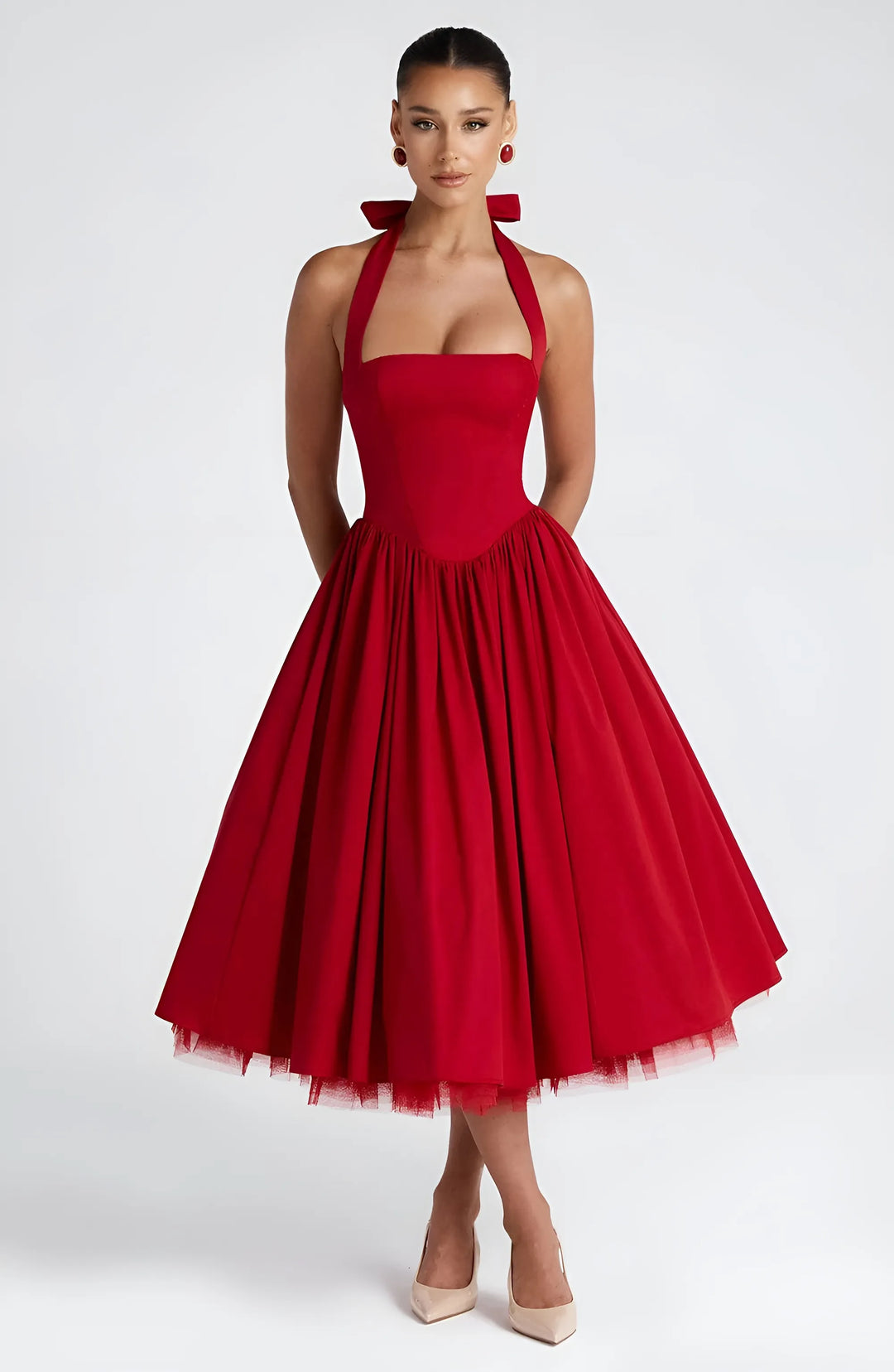 Women's Elegant A-Line Midi Cocktail Dress with Open Back