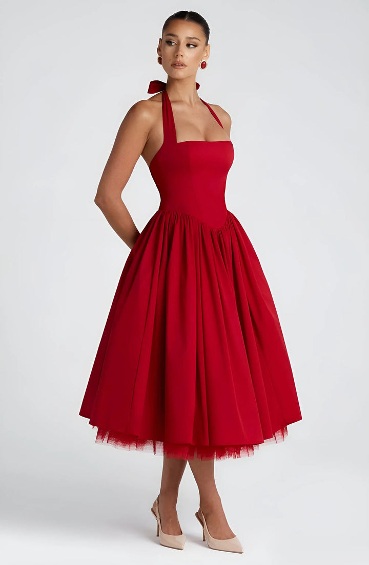 Women's Elegant A-Line Midi Cocktail Dress with Open Back