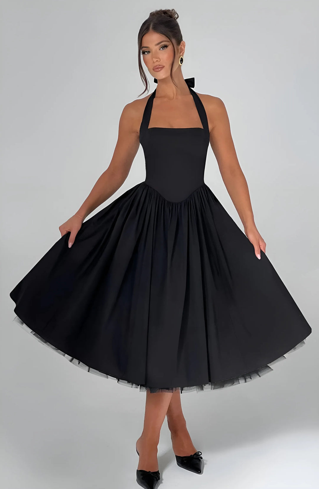 Women's Elegant A-Line Midi Cocktail Dress with Open Back