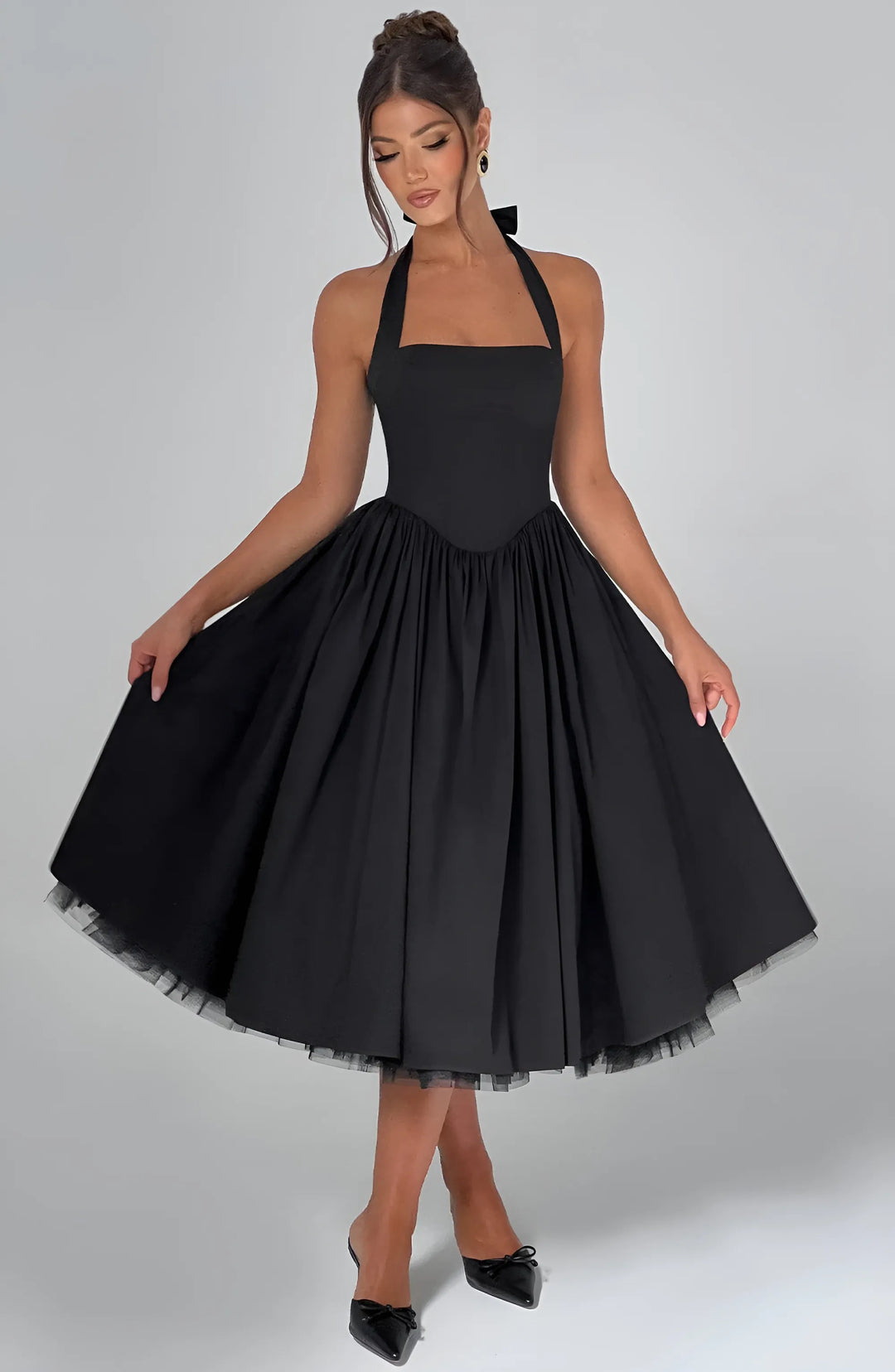 Women's Elegant A-Line Midi Cocktail Dress with Open Back