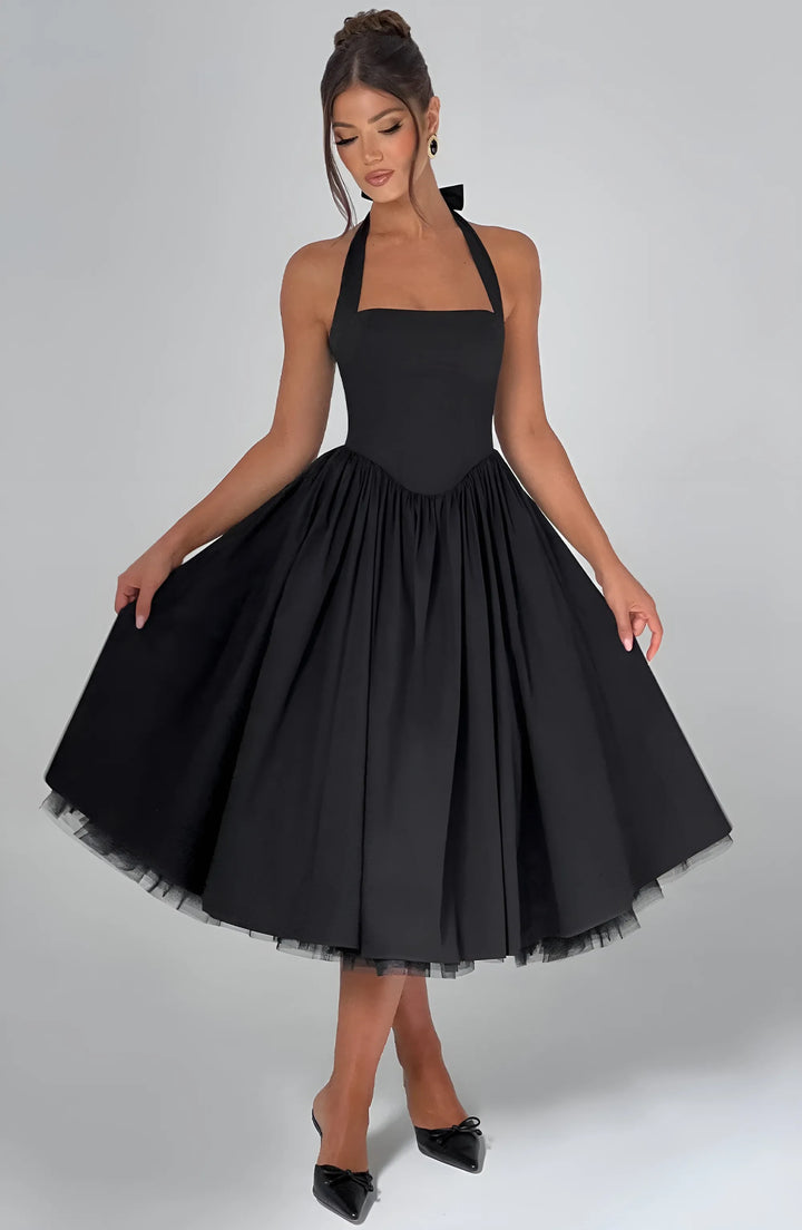 Women's Elegant A-Line Midi Cocktail Dress with Open Back