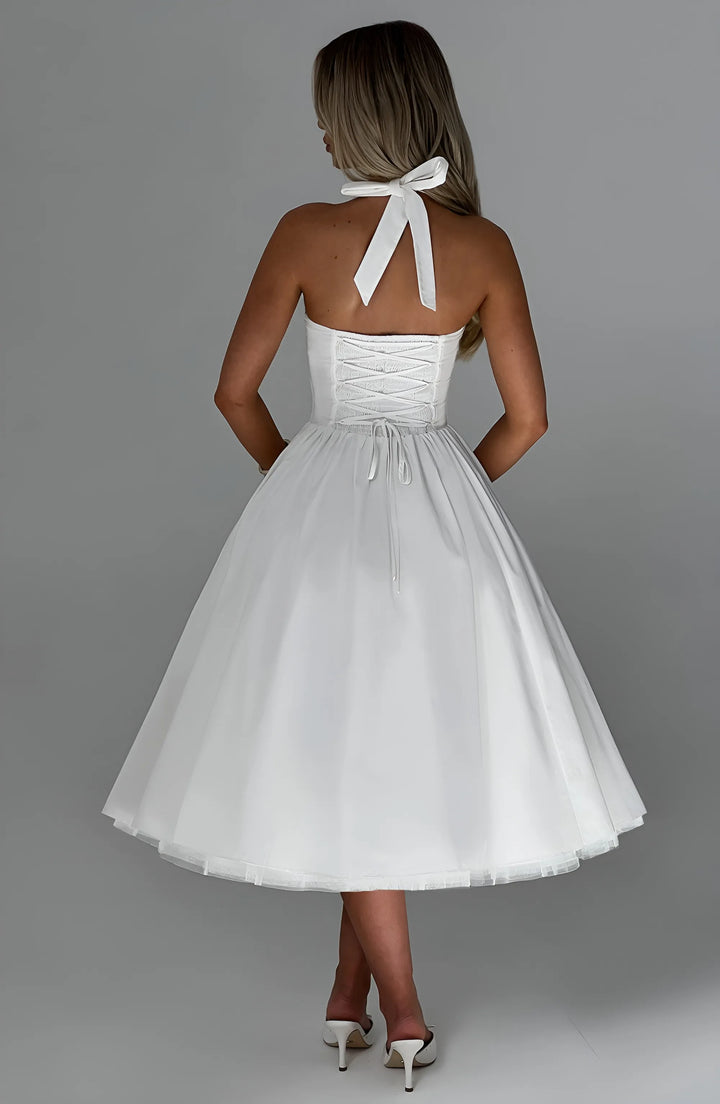 Women's Elegant A-Line Midi Cocktail Dress with Open Back