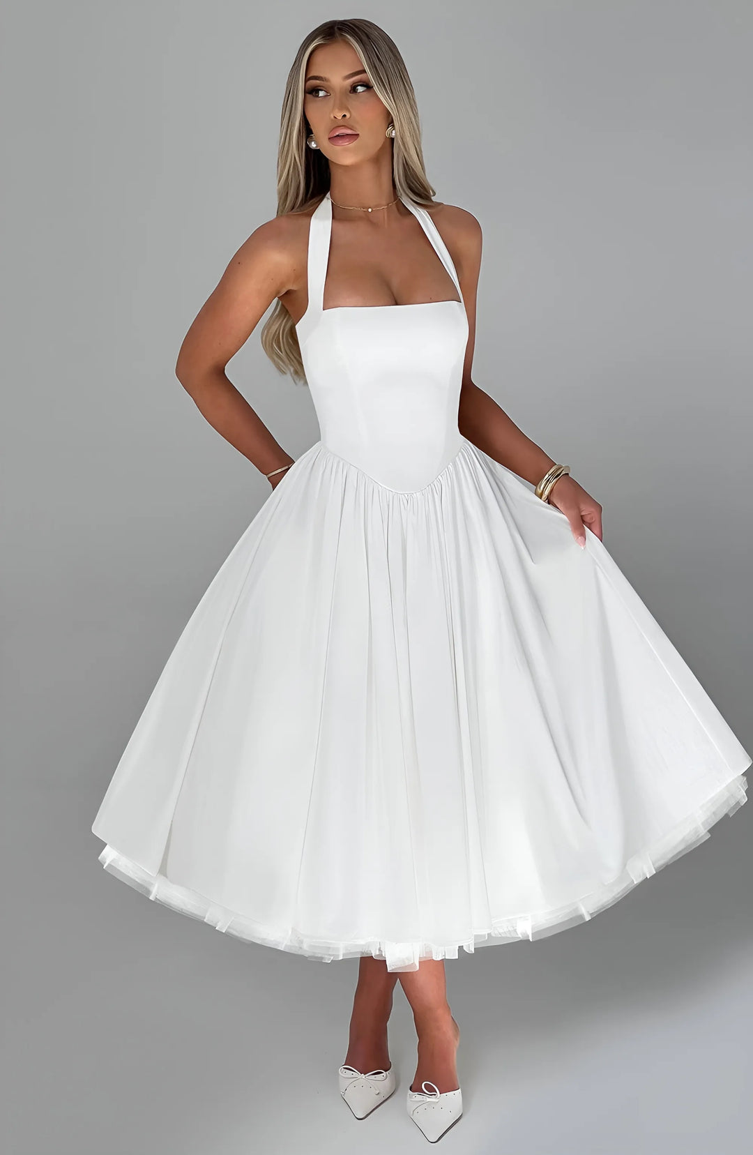 Women's Elegant A-Line Midi Cocktail Dress with Open Back
