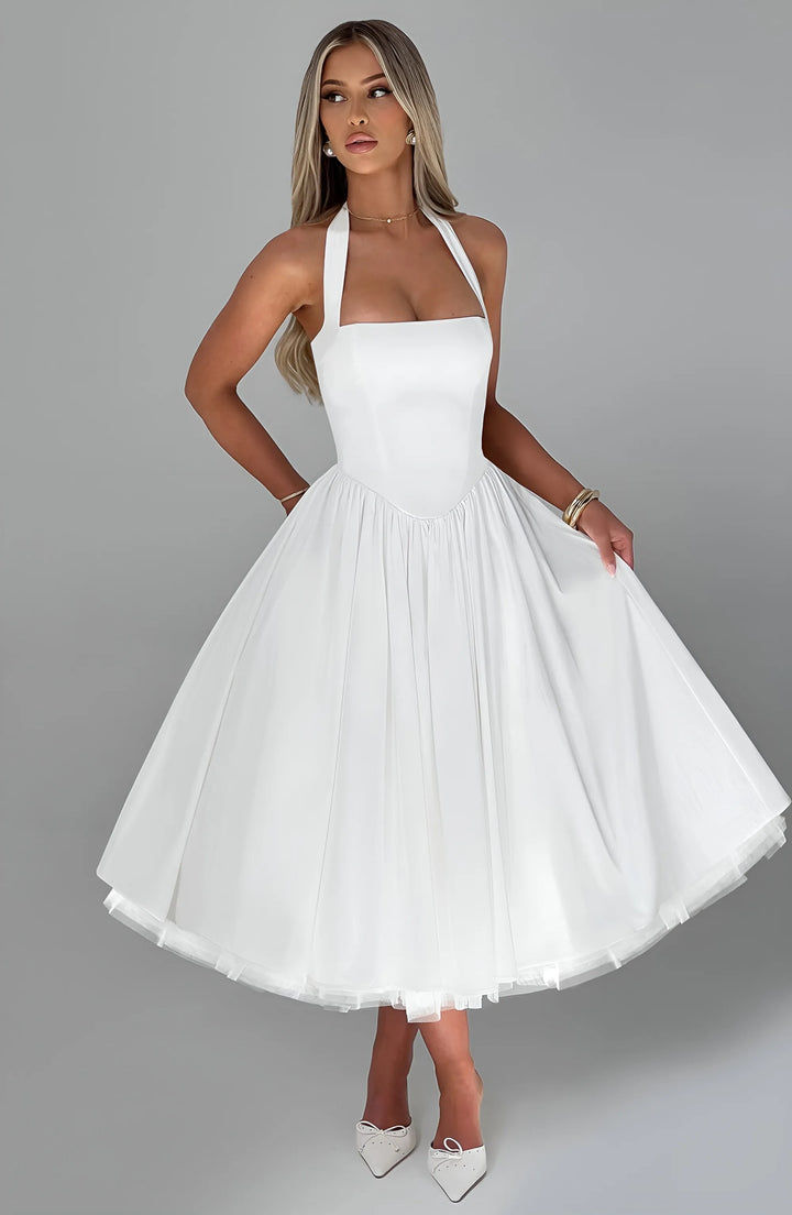 Women's Elegant A-Line Midi Cocktail Dress with Open Back