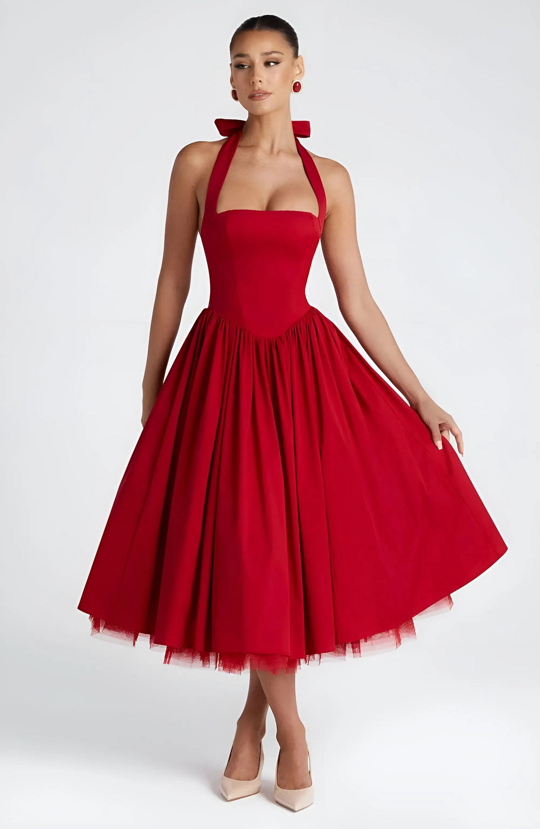Women's Elegant A-Line Midi Cocktail Dress with Open Back