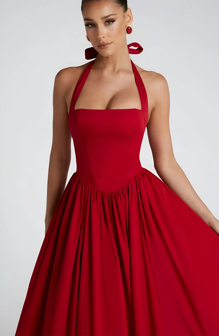 Women's Elegant A-Line Midi Cocktail Dress with Open Back