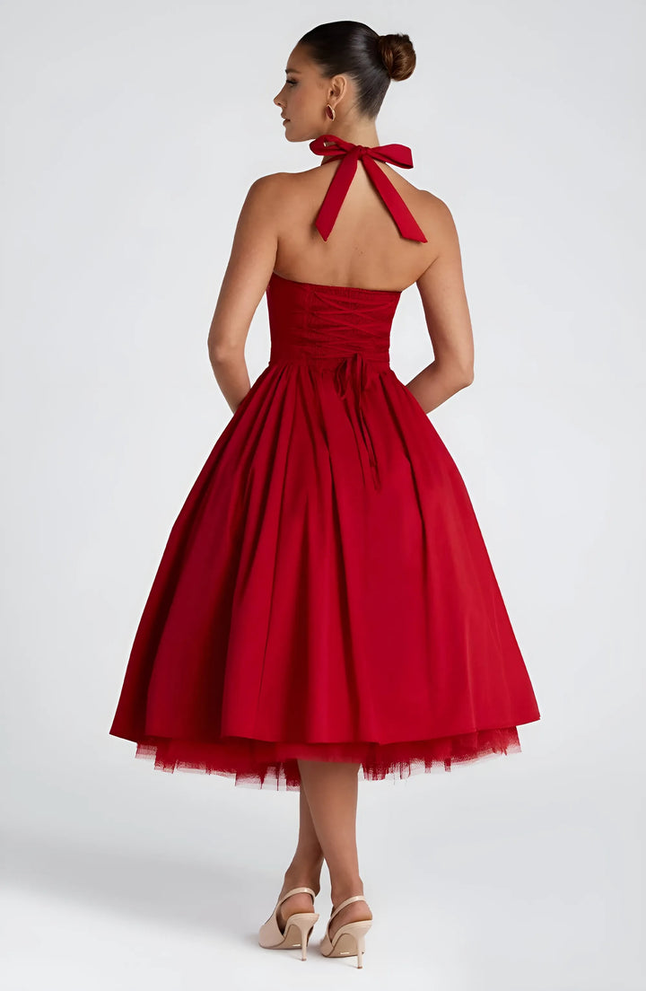 Women's Elegant A-Line Midi Cocktail Dress with Open Back