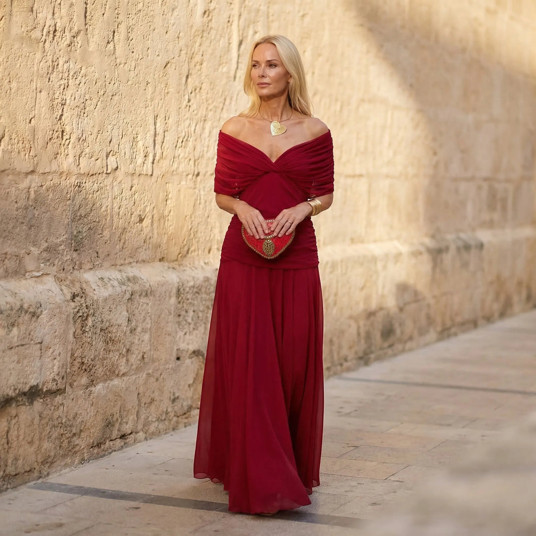 Women's Elegant Flowy Maxi Wedding Guest Dress with V-Neck and Off Shoulder