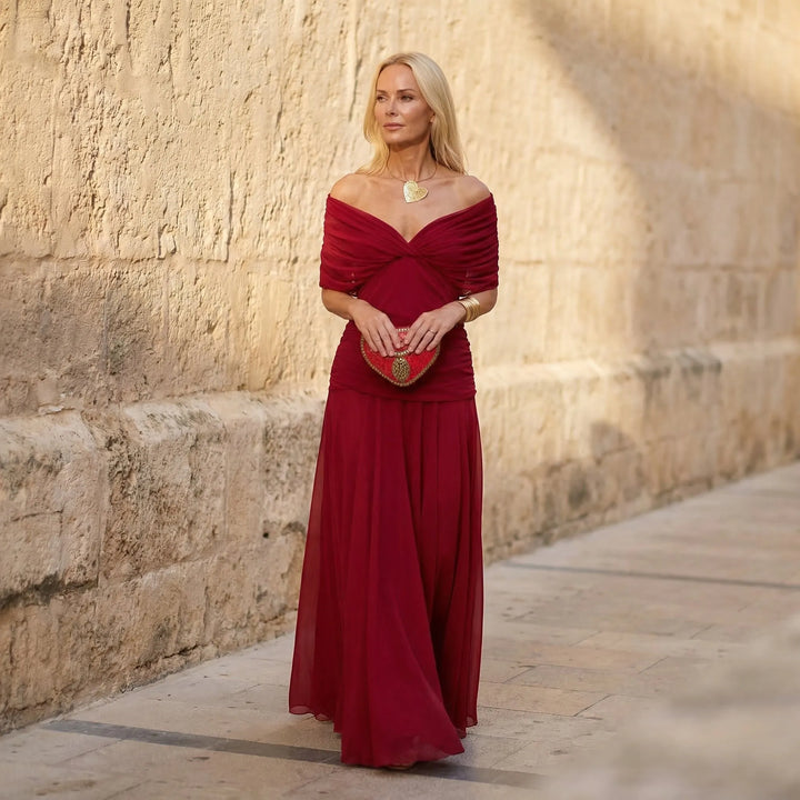 Women's Elegant Flowy Maxi Wedding Guest Dress with V-Neck and Off Shoulder