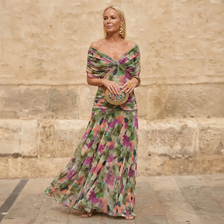 Women's Elegant Flowy Maxi Wedding Guest Dress with V-Neck and Off Shoulder