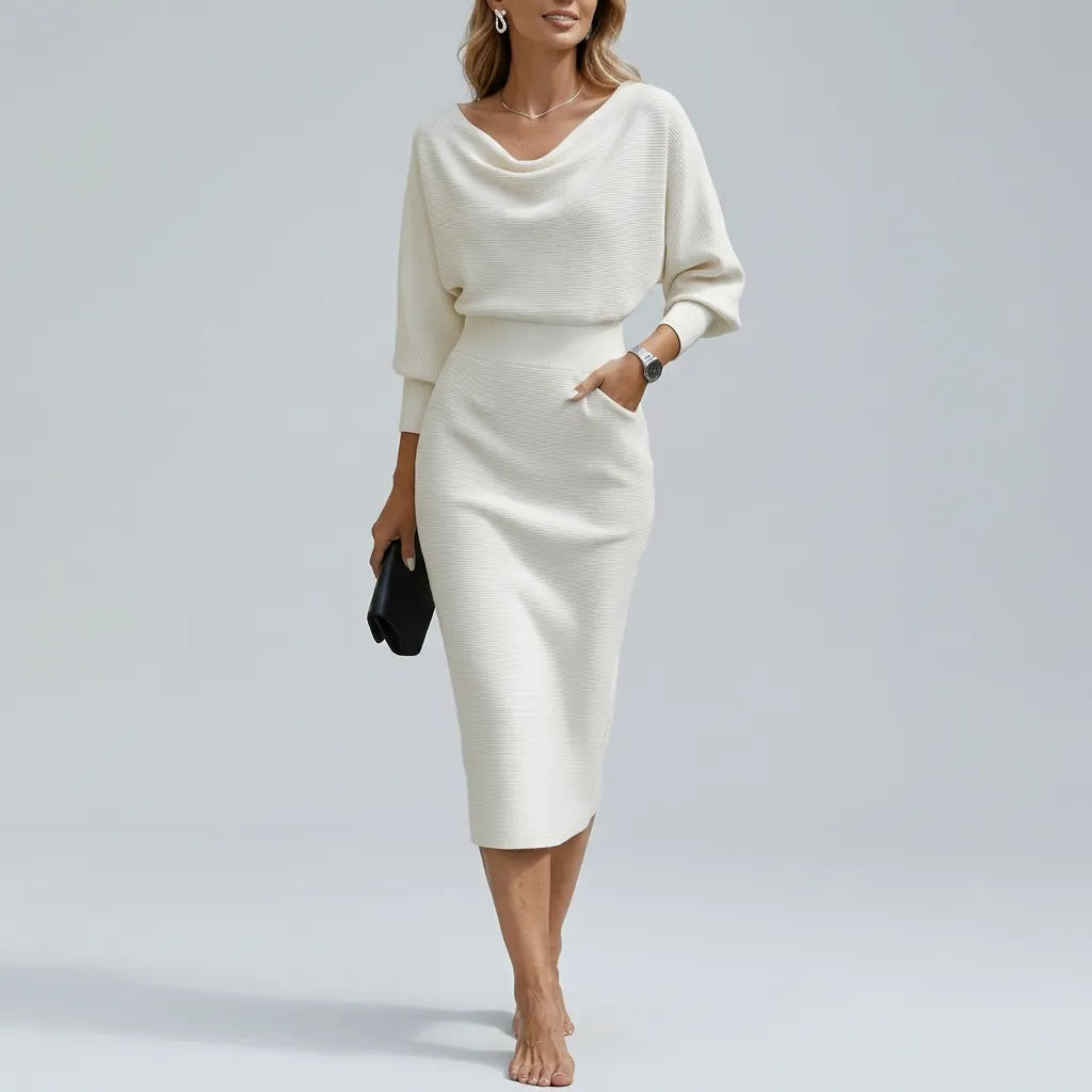 Women's Elegant Formal Midi Wedding Guest Dress with Boat Neck