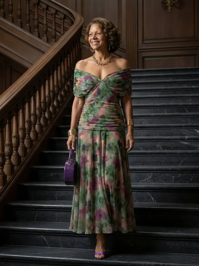 Women's Floral Flowy Maxi Wedding Guest Dress with Ruched Bodice