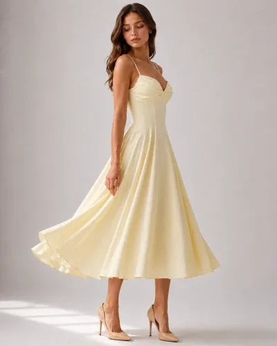 Women's Flowy Elegant Midi Wedding Guest Dress with Sweetheart Neckline
