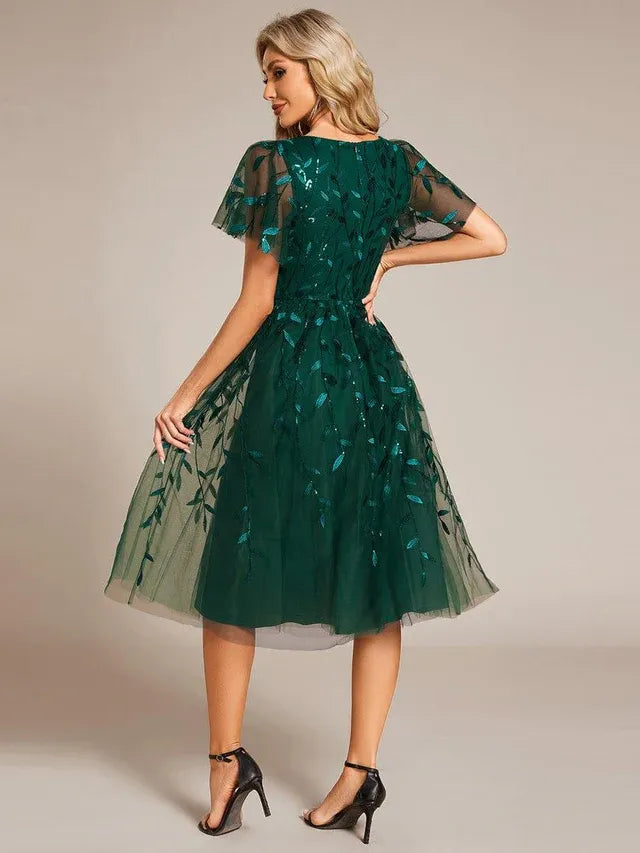 Women's Formal A-Line Midi Wedding Guest Dress with Flutter Sleeve