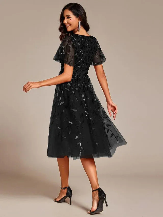 Women's Formal A-Line Midi Wedding Guest Dress with Flutter Sleeve