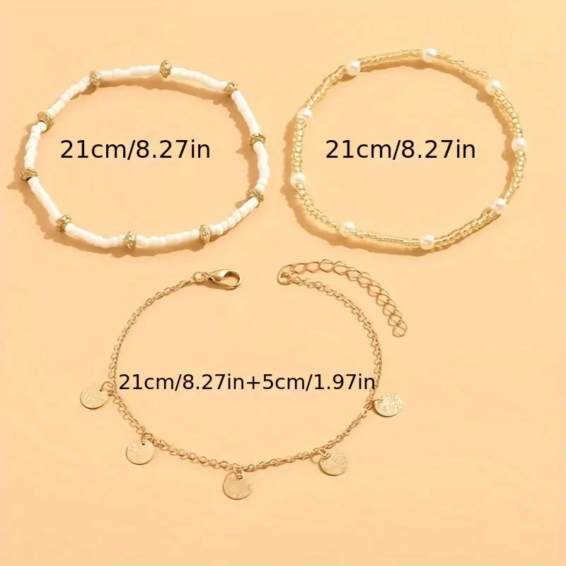 Set of 3 Layered Anklets Coastal Charm | Gold