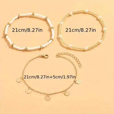 Set of 3 Layered Anklets Coastal Charm | Gold