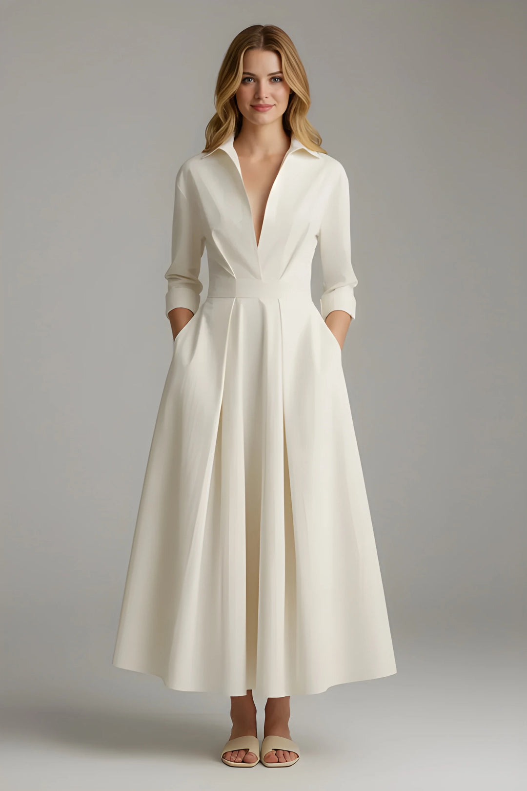 Women's Elegant Formal Midi Wedding Guest Dress with Long Sleeves
