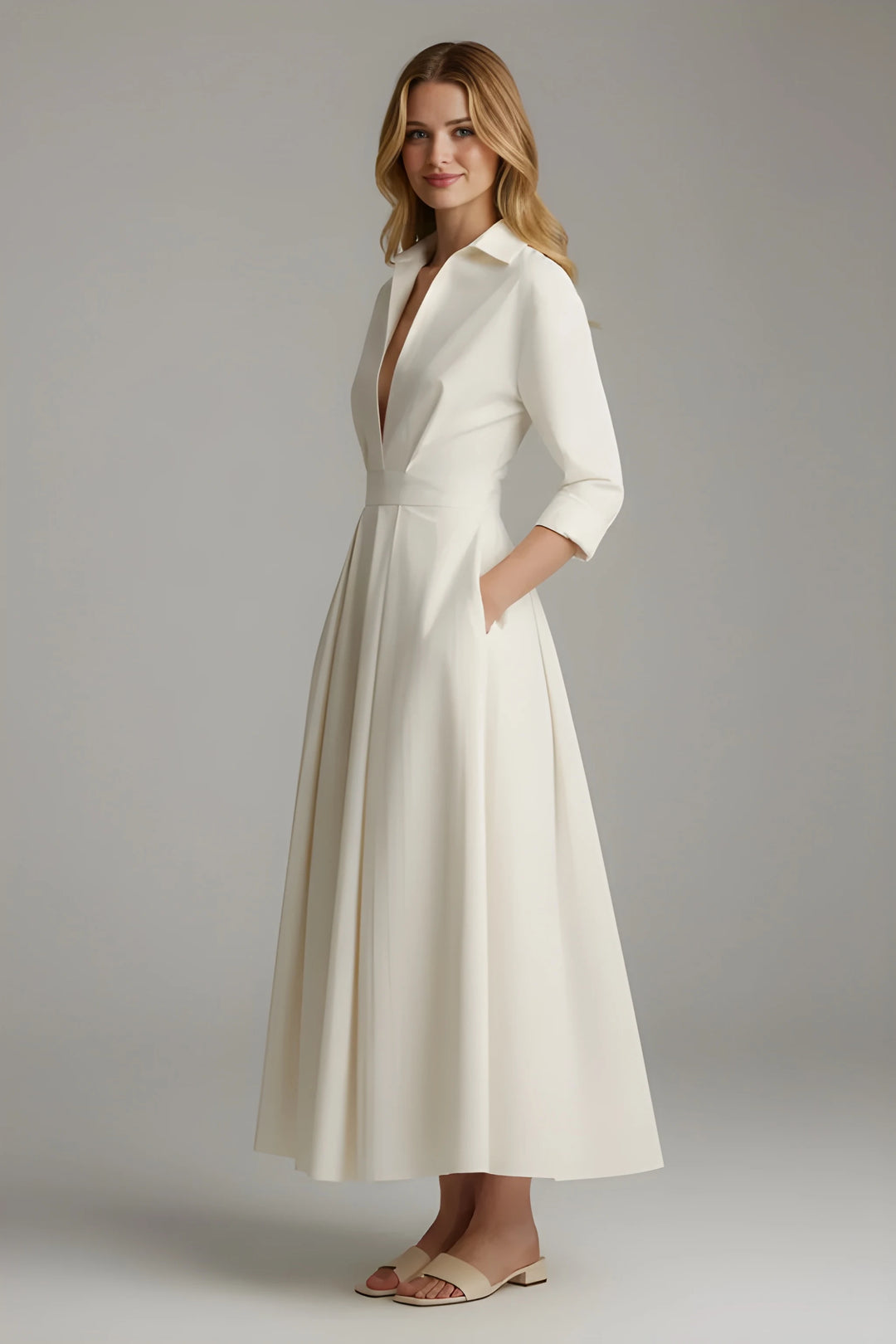 Women's Elegant Formal Midi Wedding Guest Dress with Long Sleeves