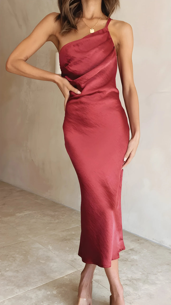 Women's Elegant Flowy Midi Wedding Guest Dress with One Shoulder