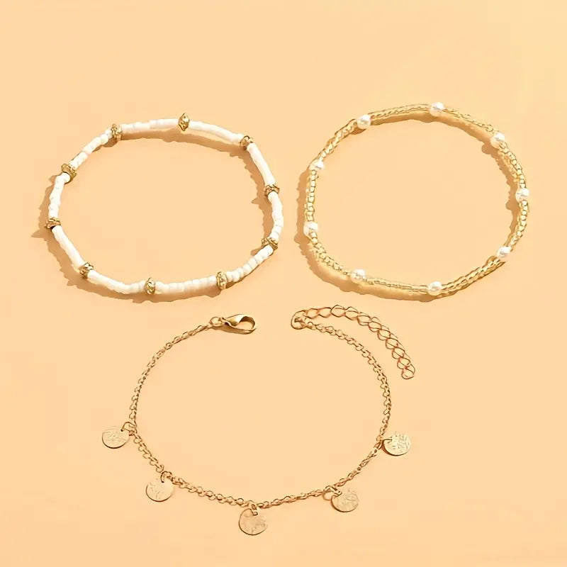 Set of 3 Layered Anklets Coastal Charm | Gold