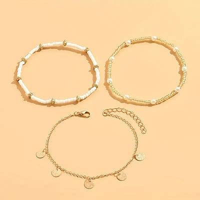 Set of 3 Layered Anklets Coastal Charm | Gold