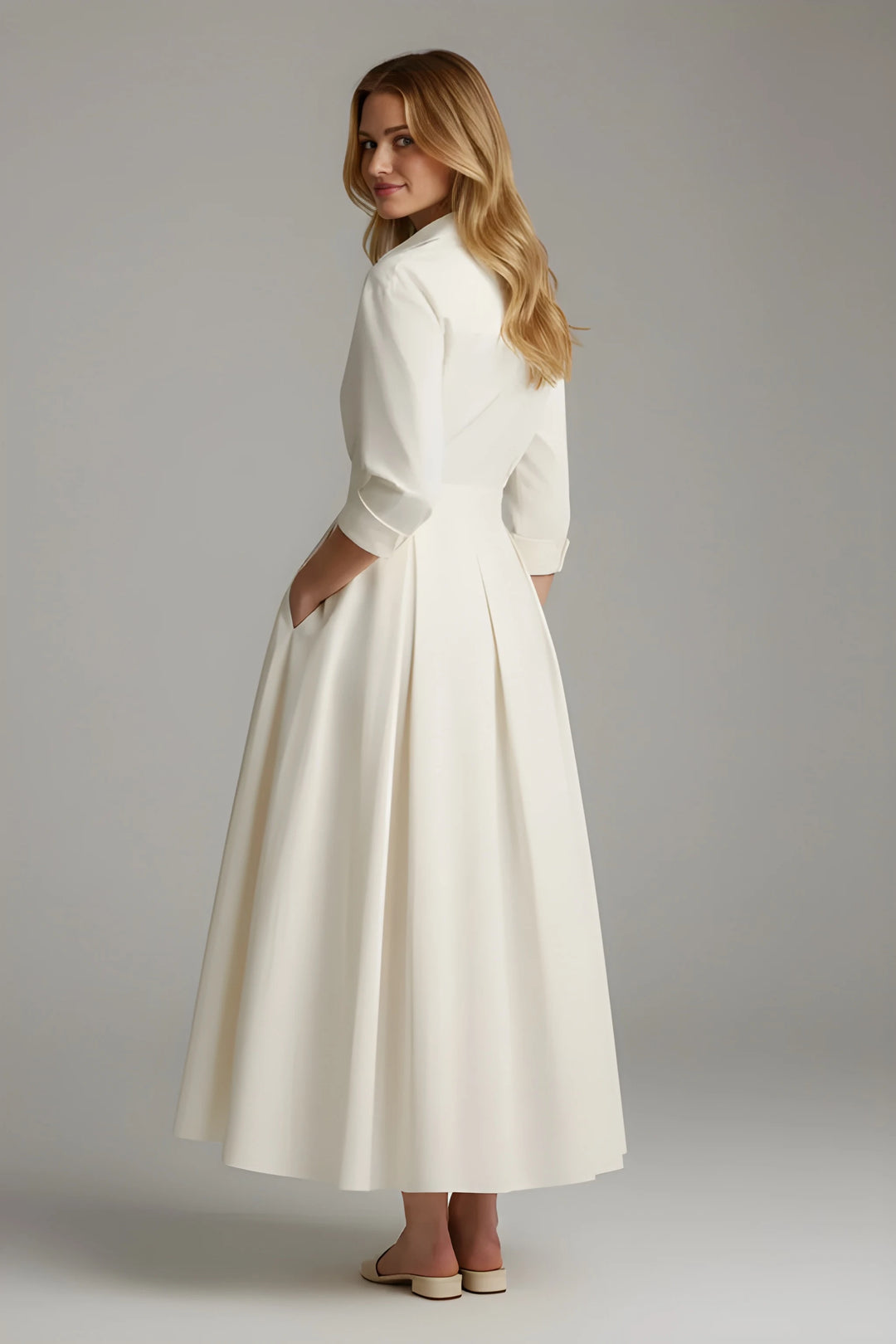 Women's Elegant Formal Midi Wedding Guest Dress with Long Sleeves