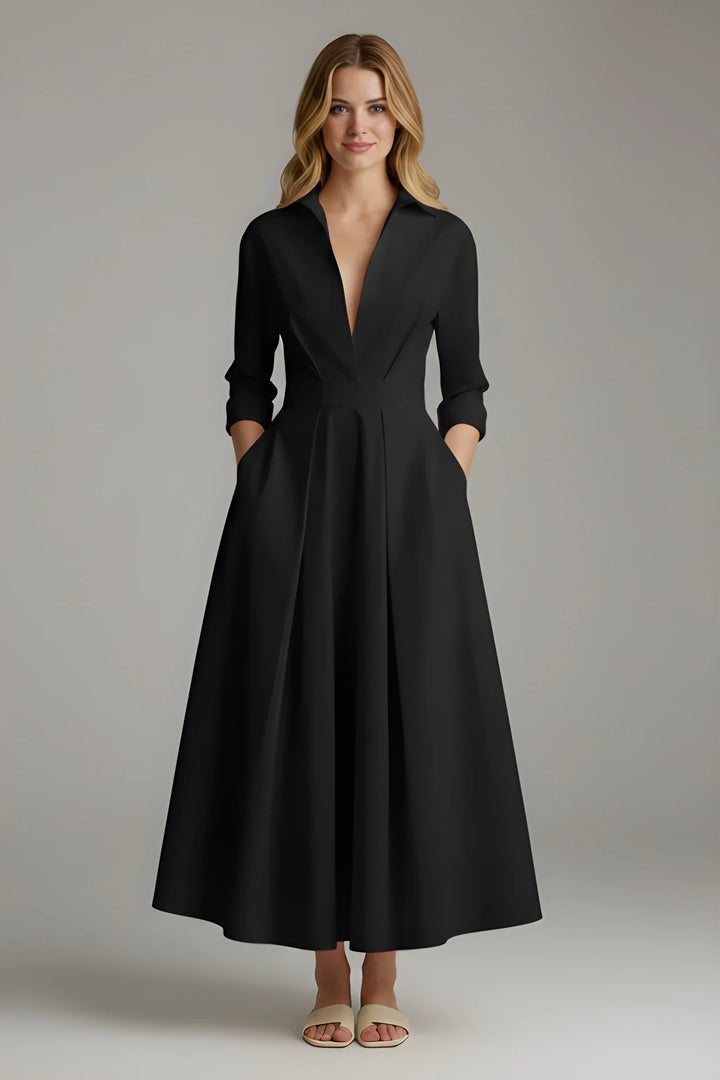 Women's Elegant Formal Midi Wedding Guest Dress with Long Sleeves